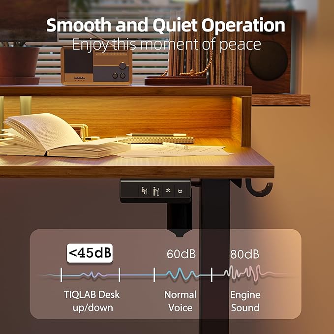 TIQLAB 63'' L-Shaped Standing Desk with LED Light Strip and Power Outlet Height Adjustable Corner Table with Ergonomic Monitor Stand Black Walnut