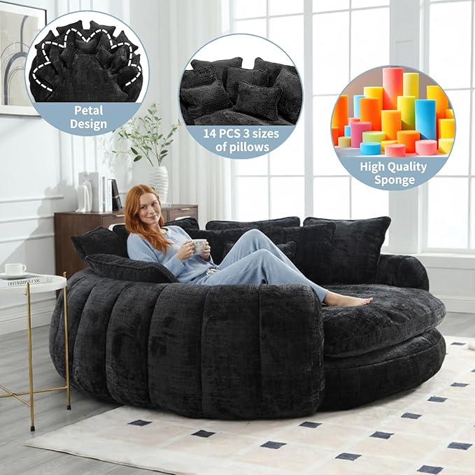 81 Oversized Round Sofa Bed Large Chenille Bean Bag Chair No Assembly Required Cloud Couch Fluffy Plush Chaise Lounge Chair Indoor Modern Sleeper Sofa with Deep Seat for Living Room (Black)