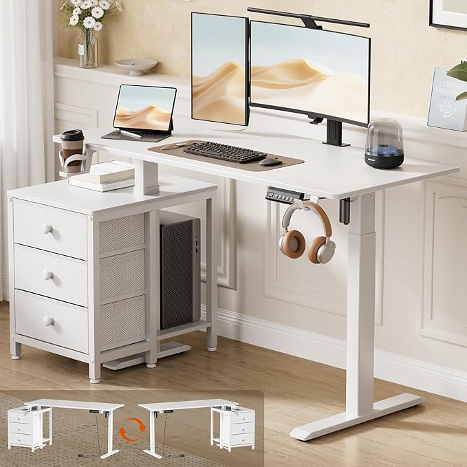 REAHOME Electric Standing Desk with Drawers 47 x 24 Inches Height Adjustable Sit Stand Desk with Storage 3 Memory Preset Home Office Computer Table Printer Cabinet 2 Hooks Cable Management White