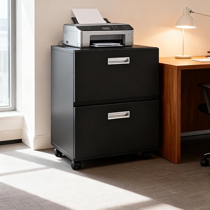 2 Drawer File Cabinet with Lock Small Metal Filing Cabinets Under Desk Storage OrganizerMobile Pedestal Office Drawers Cabinet with DrawersBlack