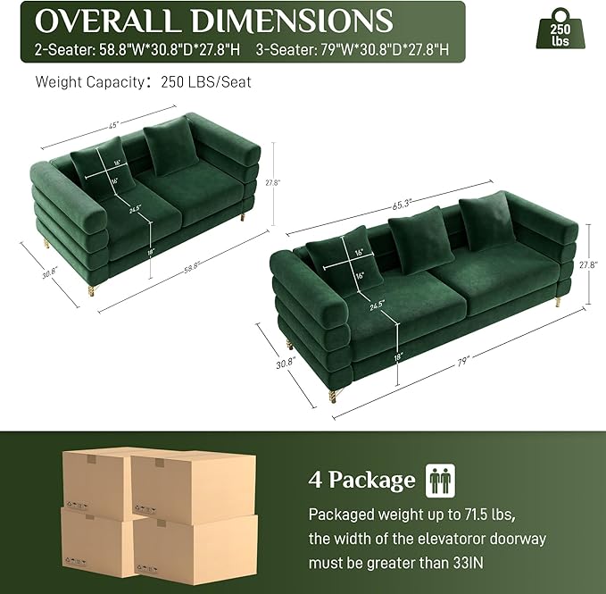 Living Room Sofa and Loveseat Set Modern Comfy Overstuffed Velvet Deep Seat Cloud Couch with 5 Pillows Oversized Chesterfield Furniture Sets for Living Room Bedroom Emerald Green Velvet