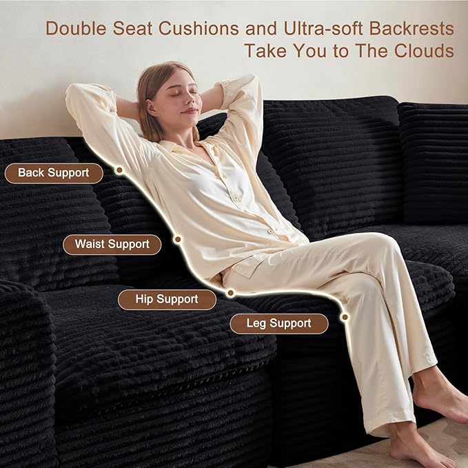 108” Modular Sectional Sofa Couches L Shaped Couch 3 Seater Cloud Sofa Memory Foam Sectional Couches for Living Room Boneless Couch with Ottoman Corduroy Black