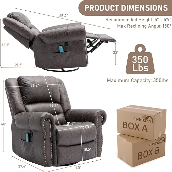 Manual Massage Swivel Rocker Recliner with Heat and Vibration 360° Swivel Glider Rocking Recliner Chair Classic Living Room Lounge Recliners with Side Pockets &amp USB Ports Grey