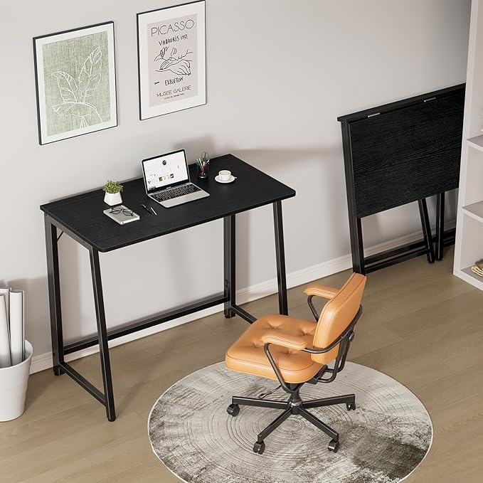 DUMOS 31.5 Inch Folding Desk Foldable Computer Table for Small Spaces Metal Frame Gaming Writing Work Station Mini Home Office Surface Black