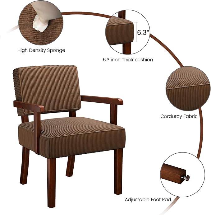 Corduroy Accent Chair Set of 2 with Table Mid Century Modern Armchairs with Solid Wood Frame Oversized Reading Leisure Chair (Corduroy Brown Set of 2 with Table)