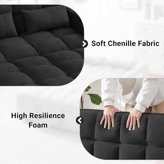 3 in 1 Sofa Bed 65 Inches Convertible Loveseat Sleeper with Side Table Pull Out Couch with 3 Level Adjustable Backrest Chaise Lounge with USB and Type-C Ports for Living Room Jet Black