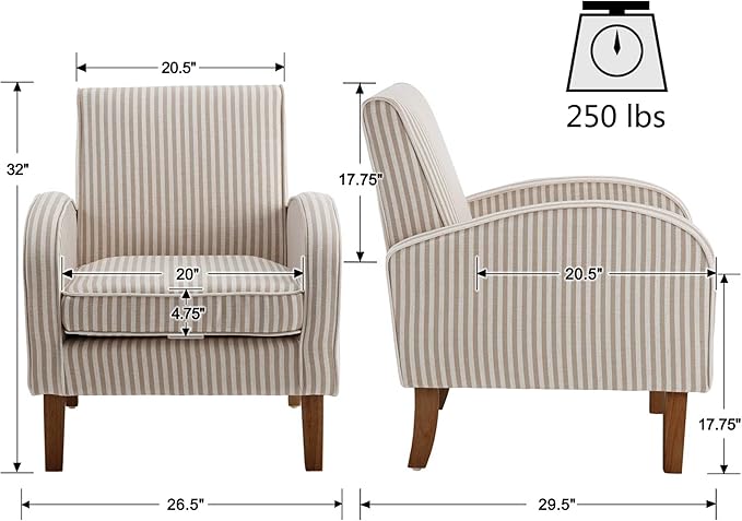 VESCASA Upholstered Accent Chair with Wood Legs Linen Comfy Single Sofa with Curve Arms Modern Side Club Leisure Chair for Reading/Living Room/Bedroom Khaki Stripe