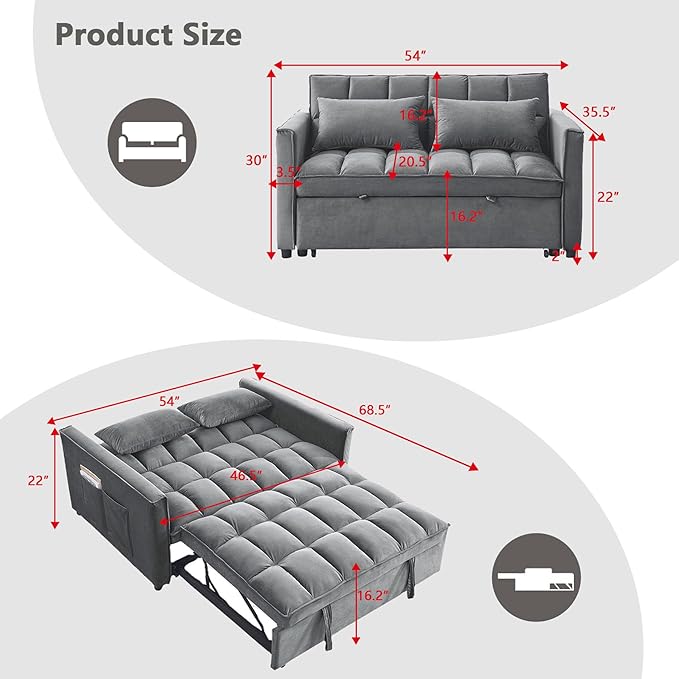 54 Convertible Sofa Bed Velvet Sleeper Sofa with Pull-Out Bed 3-in-1 Futon Couch with Reclining Backrest and Side Pocket Modern Loveseat for Living Room (Medium Grey)