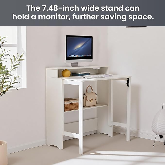 Folding Desk with Charging StationFold Out Desk with Monitor StandStorage ShelfSmall Foldable Computer Desk for Compact Home Office Spaces (White)