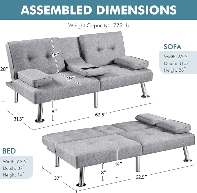 Futon Sofa Bed Modern Folding Couch for Small Space Linen Convertible Loveseat Sleeper Bed Daybed Recliner Lounge Sofas for Living Room2 Cup HoldersMetal LegsRemovable Armrests (Light Gray)