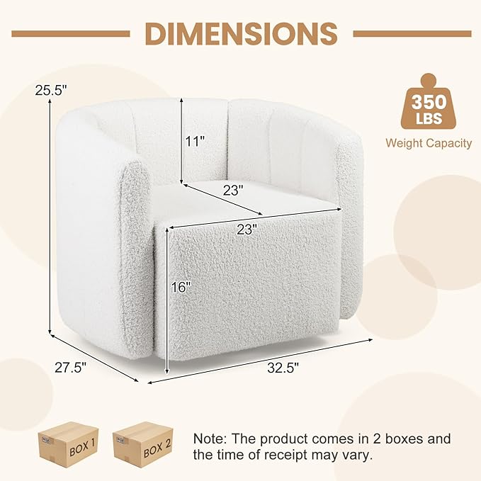 KOMFOTT Swivel Barrel Chair Set of 2 Sherpa Fabric Accent Chair with Curved Backrest &amp Armrests Upholstered Armchair with Wide Seat Pumpkin Shaped Single Sofa Chair for Living Room Bedroom Wh