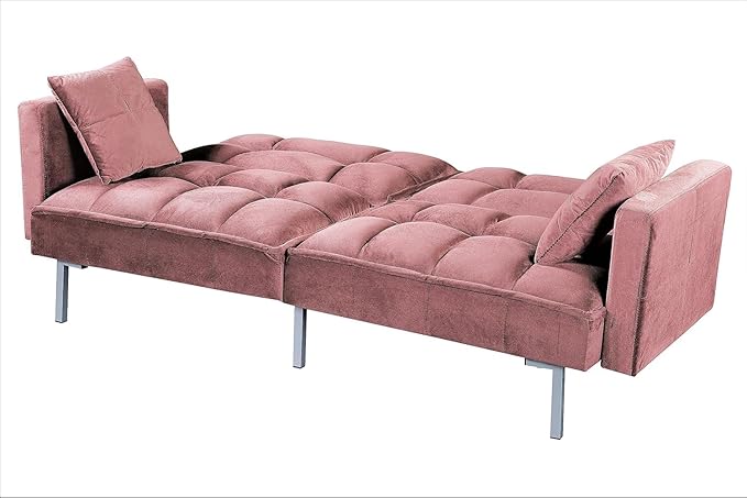 Regal 75.6 Velvet Convertible Sofa Bed - Mid-Century Sleeper Couch w/Tufted Design &amp Metal Legs - Pull-Out Futon for Guests/Home (75.6 W x 34.6 D x 32 H) Rose