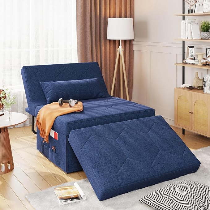4 in 1 Sleeper Chair Convertible Sleeper Sofa with Ottoman Ottoman Bed for Adults Sofa Bed with Adjustable Backrest for Living Room Apartment Office Jean Blue