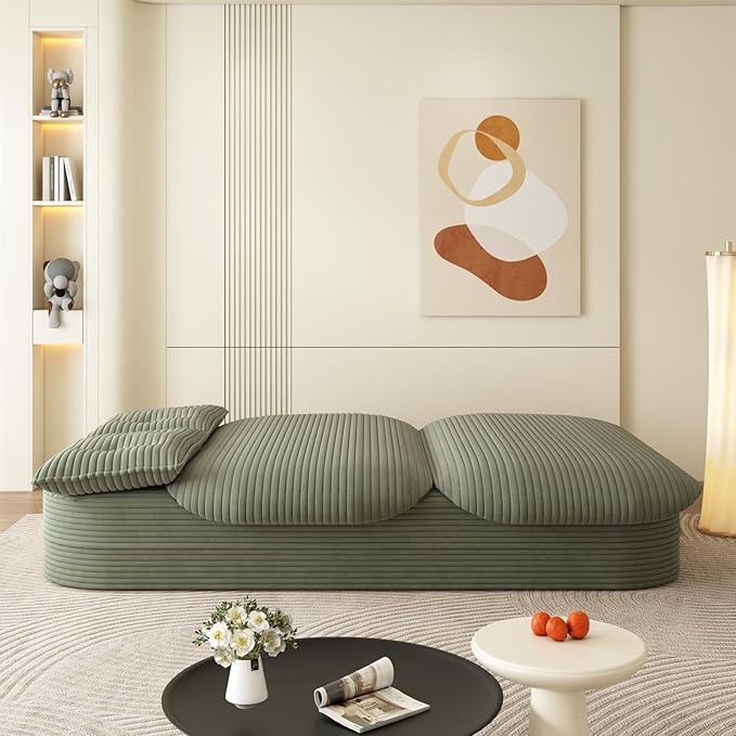 78.7 Full Size Boneless Couch Bed Plush Corduroy Memory Foam Floor Sofa with Multi Functional Blanket 2 in 1Convertible Sleeper Sofa Bed for Living Room Offices Apartment No Assembly (Green)