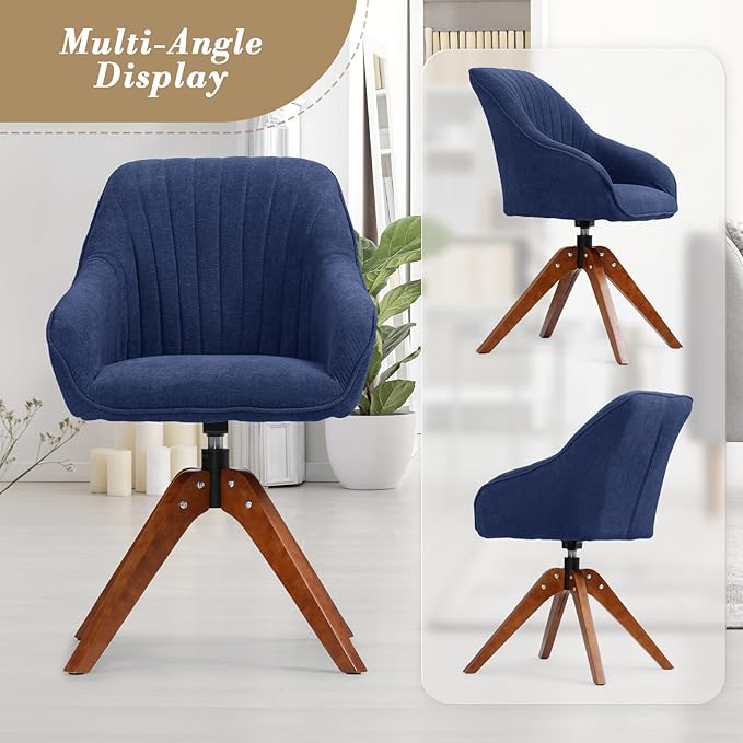 Athena Collection Swivel Modern Accent Chair Linen Upholstered Armchair Office Desk Chair No Wheels with Wooden Legs Comfy Vanity Chair Reading Chair for Bedroom Living Room Navy Blue