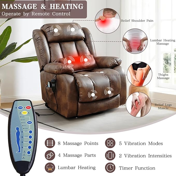 Infinite Position Lay Flat Lift Recliner Chair for Adults Dual Motor Power Lift Chair for Elderly with Massage &amp Heating Extended Footrest USB Ports Remote Control &amp Lumbar Pillow Leather