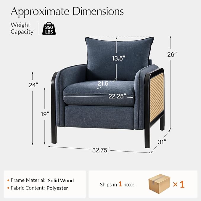 HULALA HOME Woven Rattan Armchair Modern Accent Chair with Wood Armrest and Legs for Living Room Bedroom Makeup Room Detachable Cushion &amp Upholstered Navy