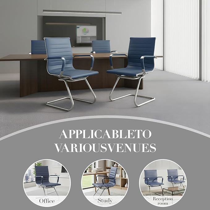 CIMOTA Waiting Room Chairs Leather Office Guest Chair Mid Back Reception Chairs with Sled Base for Meeting/Patient/Conference Room Navy Set of 6