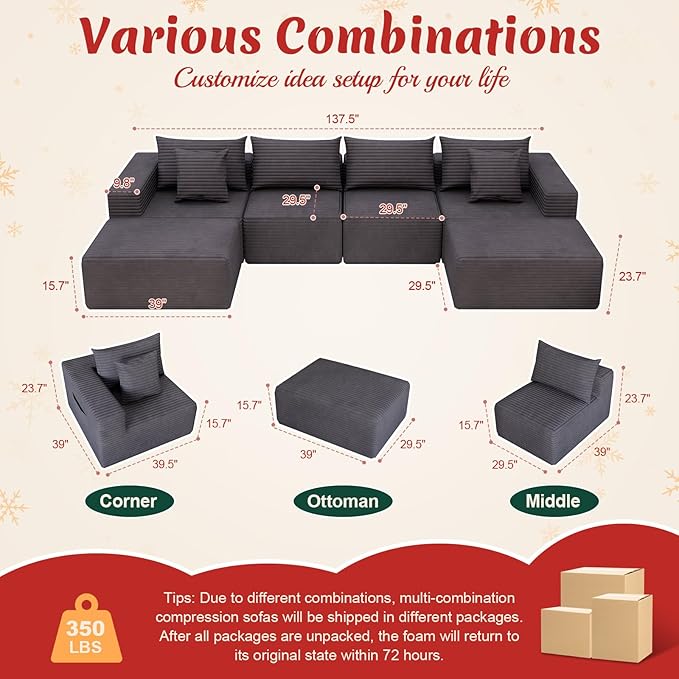 Modular Cloud Couch Sectional Deep Seat No-Bone Corduroy Sofa with Ottoman Oversized Comfy Modular Sofa for Living Room Bedroom Apartment No Assembly Flexible Layout (Gray 108 Inch-L)