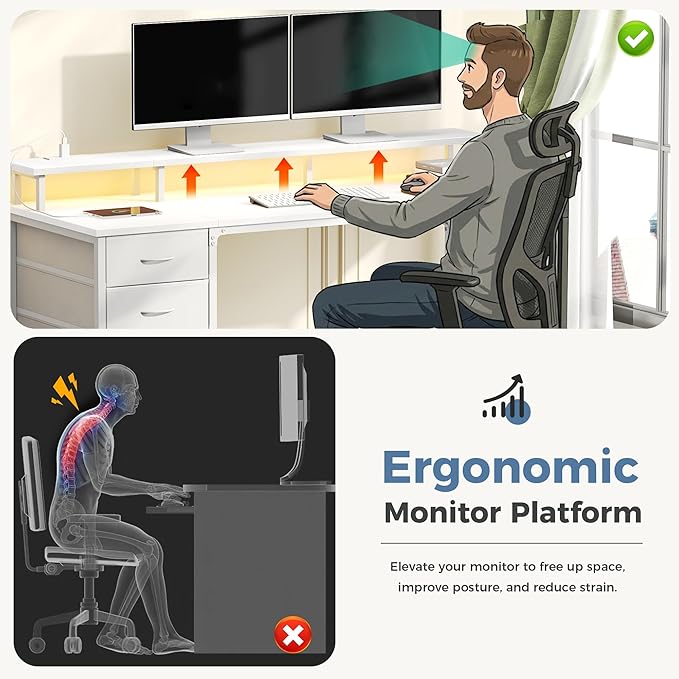DUMOS 47 Inch Computer Desk with 4 Drawers4 Drawer Gaming Desk with with Power Outlets and LED LightsOffice Desk for Small Spaces with Monitor ShelfWriting Desk for Home OfficeBedroom StudyWhite