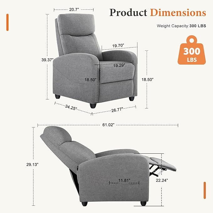 Sweetcrispy Recliner Chair Fabric Recliner Sofa No Massage Home Theater Seating with Lumbar Support Adjustable Push Back Overstuffed High-Density Sponge Reclining for Living Room Slate Gray