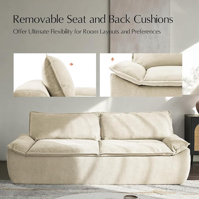 HULALA HOME 89 Compressed Foam Sofa Boneless Couch Oversized Cloud Couh with Deep Seat Modern 3 Seater Sofa with Removable Seat and Back Cushions No Assembly Required Beige