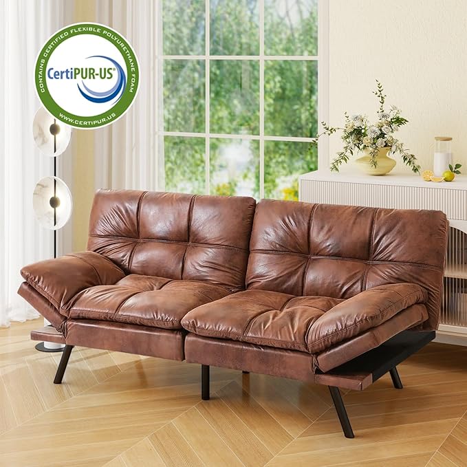 Vipbear 71 Futon Sofa Bed - Convertible Sofa Beds/Adjustable Backrest &amp Armrest Comfy Loveseat Sleeper for Small Spaces Apartments &amp OfficesFaux Leather Brown Futons