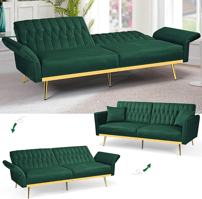 70” Velvet Futon Sofa Bed w/Adjustable Backrests and Armrests Convertible Futon Couch with 2 Pillows Modern Tufted Sleeper Bed for Living Room BedroomGreen