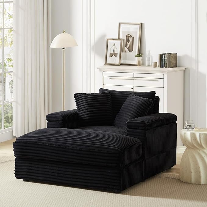 Chaise Lounge Chair Indoor 44 Inch Comfy Corduroy Sectional Cloud Couch Upholstered Single Sofa w/Movable Ottoman for Living Room Bedroom Apartment Black
