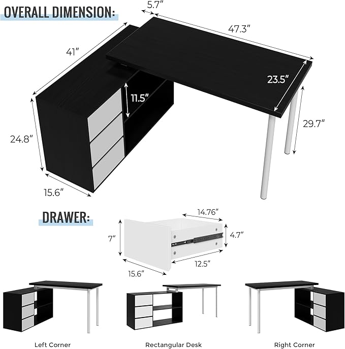 L Shape Computer Desk with 3 Drawers and 2 Shelves Home Office Desk Corner Small Desk with Storage Cabinet for Writing Study Executive – Black and White