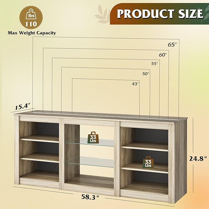 WLIVE Modern TV Stand for 65 Inch TV Entertainment Center with Adjustable Open Shelves &amp RGB LED Lights Sturdy Media Console for Living Room BedroomGaming(Gray Oak)