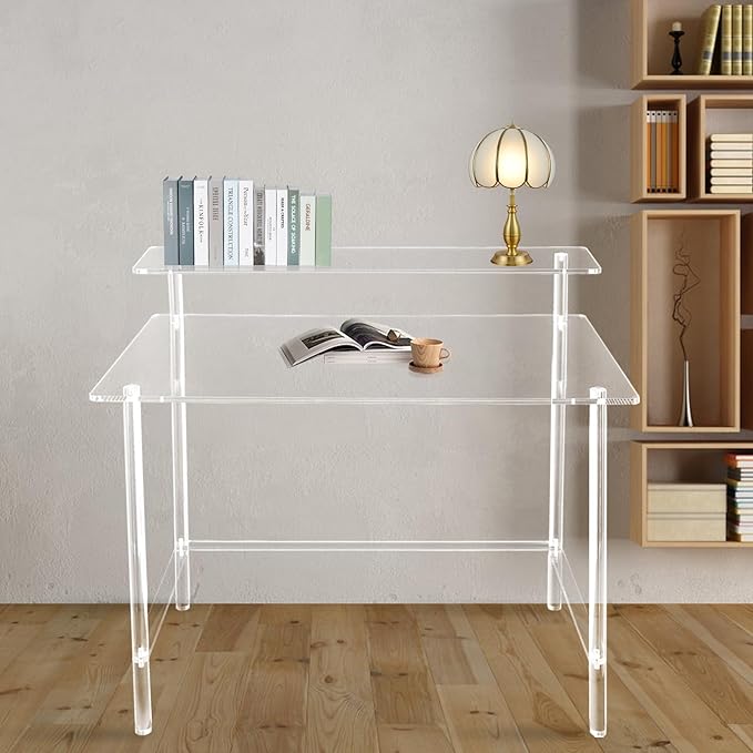 Acrylic Desk 2-Tier Modern Clear Desk 31.5 L x 19.7 W x 34.65 H 88 LBS Weight Capacity Home Office Desk for Study Work