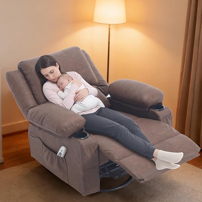Faux Leather Swivel Rocker Recliner with Heat and Massage Cup Holders Overstuffed Rocking Glider Chair Heated Massaging Reclining Chair Earthy Brown