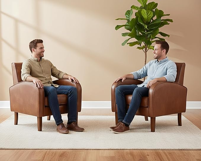 VESCASA Upholstered Accent Chair with Wood Legs PU Faux Leather Comfy Single Sofa with Curve Arms Modern Side Club Leisure Chair for Reading/Living Room/Bedroom Brown