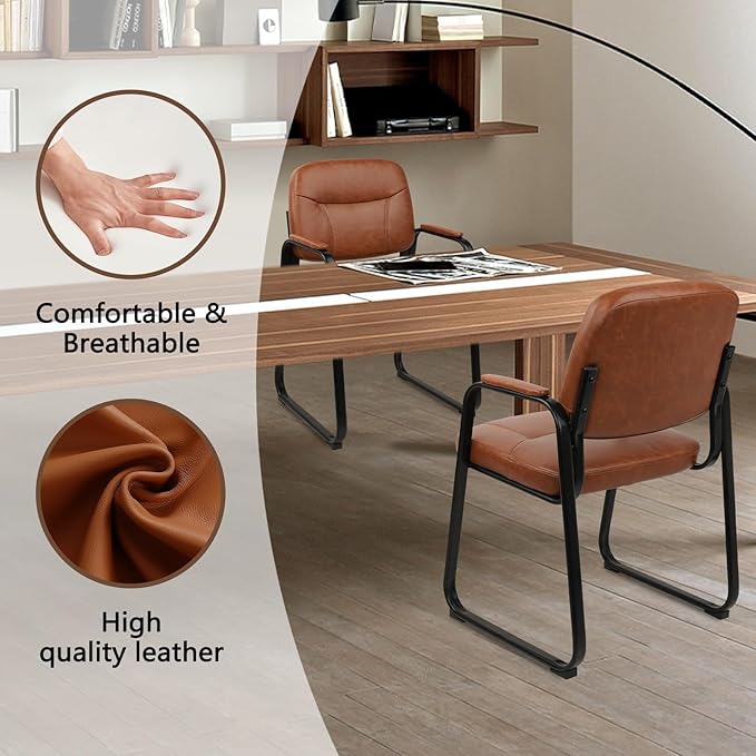 CLATINA Waiting Room Guest Chair with Bonded Leather Padded Arm Rest for Office Reception and Conference Desk Black with Sled Base Brown 1 Pack