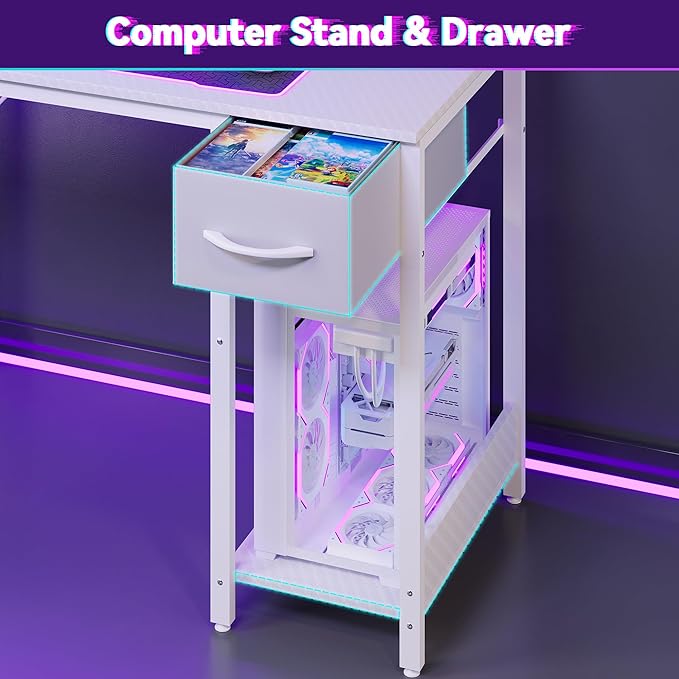 Apicizon L Shaped Gaming Desk 53 Reversible Corner Computer Desk with LED Lights Carbon Fiber Surface Pegboard with Hooks Drawer &amp PC Tower Stand USB Charging Port