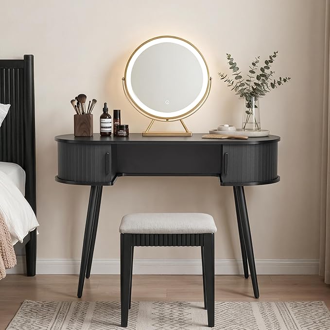 AVZEAR 43 Oval Fluted Home Office Desk Small Computer Desk Mid Century Modern Vanity Table with Sliding Tambour Door Wooden Writing Study Desk for Small Spaces Bedroom Office(Black)