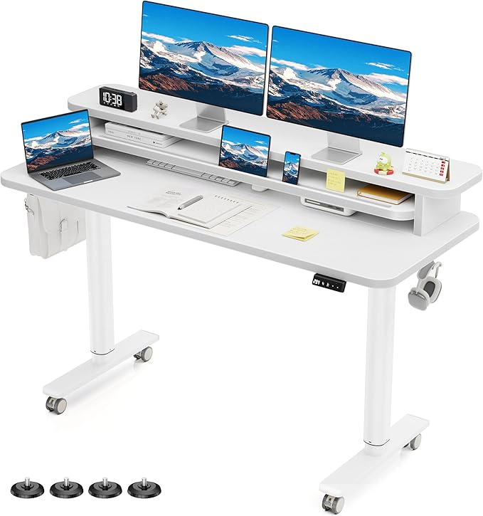 Flycity Electric Standing Desk with Dual Monitor Stand Height Adjustable Desk Sit Stand Desk with Memory Controller Casters &amp 2 Hooks Low Noise Home Office Desk (White 55 x 24)
