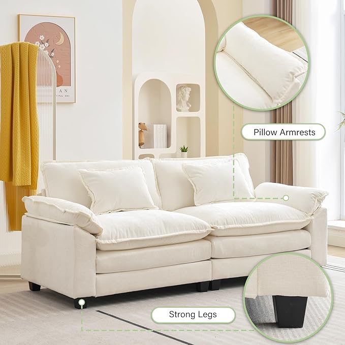 Loveseat Sofa Comfy Cloud Couch for Living Room with Pillows Modern Chenille Sofa Sleeper Deep Couches(Cream White 2-Seat)