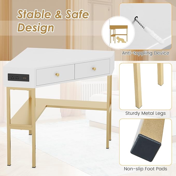 Giantex Corner Desk with Charging Station 90 Degree Triangle Computer Desk with 2 Drawers &amp Storage Shelf L-Shaped Writing Desk Makeup Vanity Table Compact Corner Desk for Small Spaces (Gold)