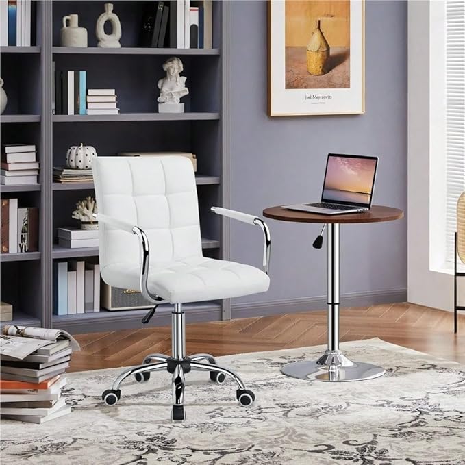 Butterslay Mid-Back PU Leather Office Chair with Armrests 360° Swivel Rolling Height Adjustable Desk Chair with Lumbar Support for Home Office Bedroom White/Pink/Brown/Retro Brown (White)