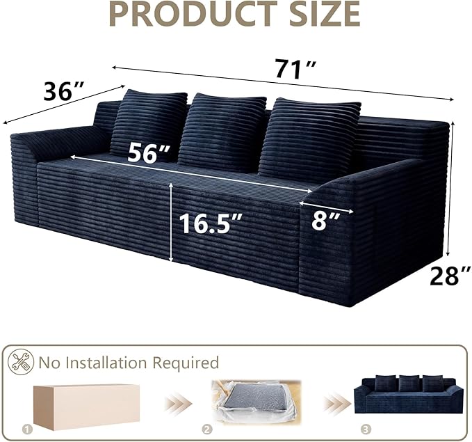 71 Love Seat Couches Corduroy Boneless Loveseat with Deep Seats 2 Seat Couch Apartment Size Couch with 3 Pillows&ampSide Pockets for Bedroom Office No Assembly Required Blue