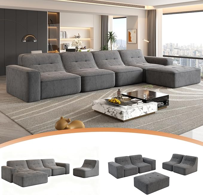 143.7 Modern Modular Sofa Set Sectional Couches for Living Room Boneless L Shaped Sofa with Movable Ottoman Oversized Couches Sparkling Chenille Fabric (Grey 5 Seat)