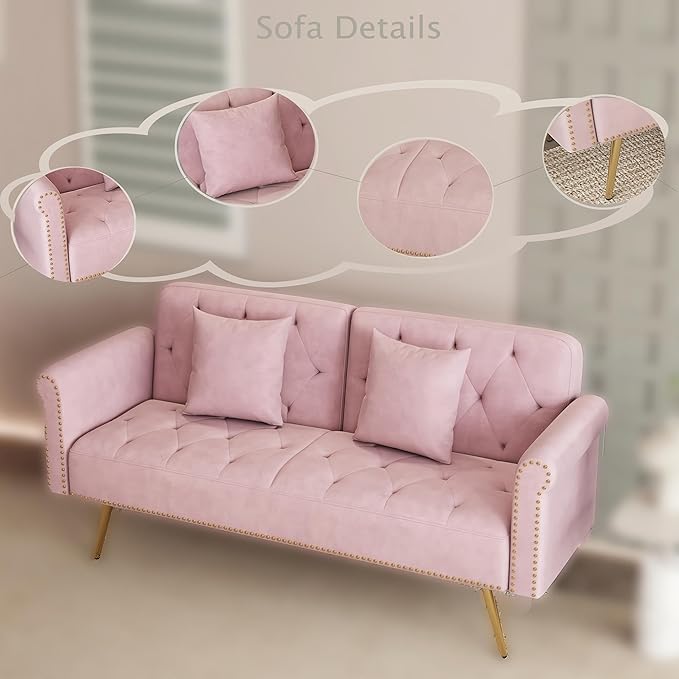 Modern Velvet 2 in 1 Futon Sofa BedConvertible Folding Sleeper Bed Couches with 2 Pillows63 Tufted Recliner Love Seat with Golden Chrome Legs for Living Room Apartment Office (Pink-New)