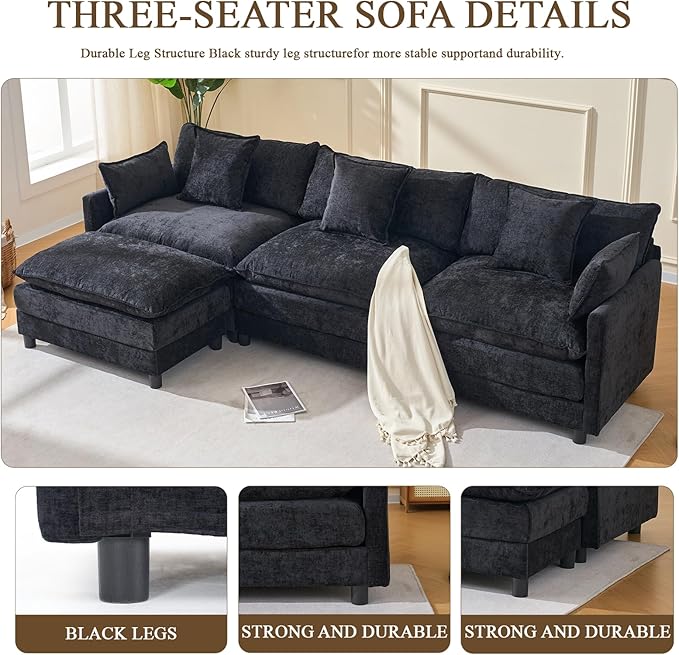 107 L Shaped Modern Sofa Modular Sectional Upholstered Double-Layer 3 Seater Cloud Couch Chenille Deep Seat Sofa with Throw Pillows &amp Movable Ottoman for Living Room Apartment Black