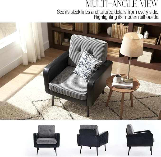 Comfy Accent Chair for Living Room Chairs Mid Century Modern Reading Chair Accent Chairs Set of 2 with Metal LegsUpholstered Arm Chair for Bedroom Office Waiting Room (Black &amp Grey2)