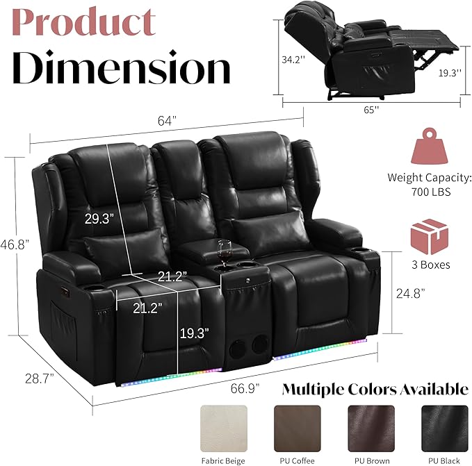 Power Loveseat Recliner Sofa with ConsoleReclining Loveseat RV Recliners with Speaker/USB Ports/LED LightsPower Recliner Loveseat Sofa with Cup Holders for Living RoomBlack