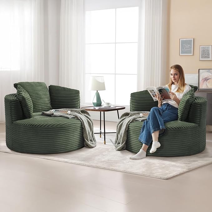 Antetek 48.8-inch Round Chair Modern Accent Corduroy Comfy Deep Seat Boneless Foam Floor Single Circle Chaise Sofa Chair with 3 Pillows for Living Room Bedroom Office No Assembly Required Green