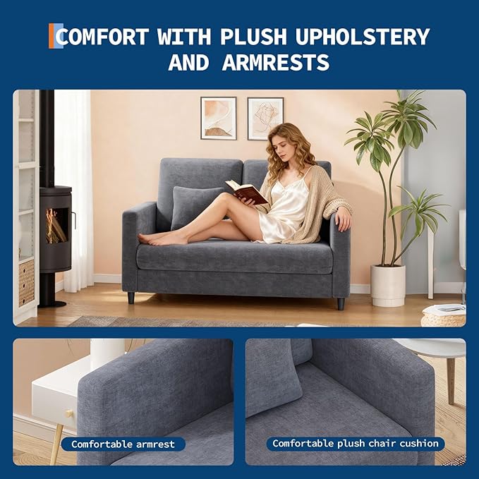 Loveseat Sofa 52 Mid Century Modern Love Seat for Small Spaces Wood Frame Tool-Free Assembly Comfy Sofa for Bedroom Living Room Apartment（Blue Gray）