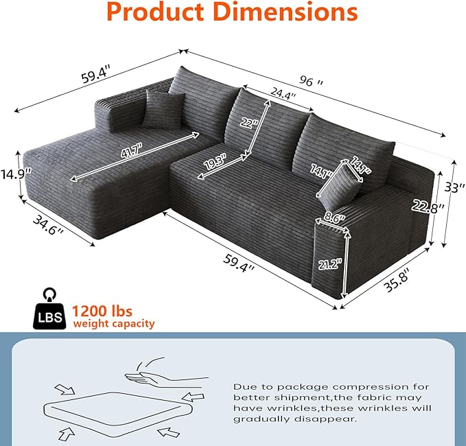 96 Boneless Cloud Modular Sectional Sofa – L-Shape Corduroy CouchDeep Seating Comfort No Assembly Ideal for Apartments &amp Small Living Rooms (Dark GrayLeft Facing)